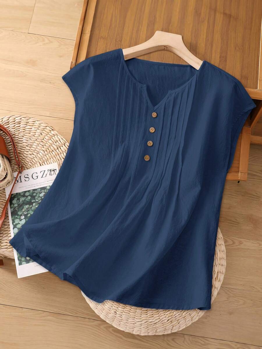 Rusticease Women Solid Color Notch Collar Casual Versatile Cap Sleeve Shirt - Navy Blue - View 1
