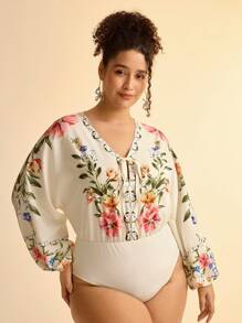 CAJUNI 波西米亚风热带花卉印花 V 领灯笼袖长款镂空加大码紧身衣 - 彩色 - 查看 1