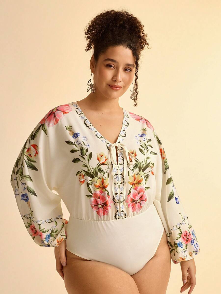 CAJUNI 波西米亚风热带花卉印花 V 领灯笼袖长款镂空加大码紧身衣 - 彩色 - 查看 1