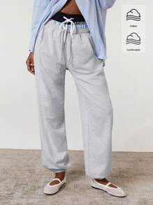 Athîral 女式撞色拼接抽绳腰部宽松运动裤 - 淺灰色 - 查看 3