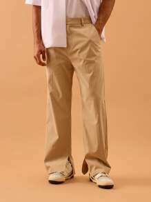 Musero 宽松修身西裤，脚踝开衩设计，纽扣门襟，适合春夏度假穿着 - 卡其色 - 查看 2