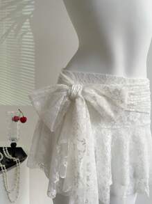 Sweetra Women's Elegant Ruffle Tie Lace Skirt, Spring/Summer - White - View 4