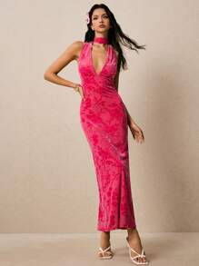 Poéselle Flocked Jacquard Material Halter Elegant Dress,Women Birthday Outfit - Hot Pink - View 4