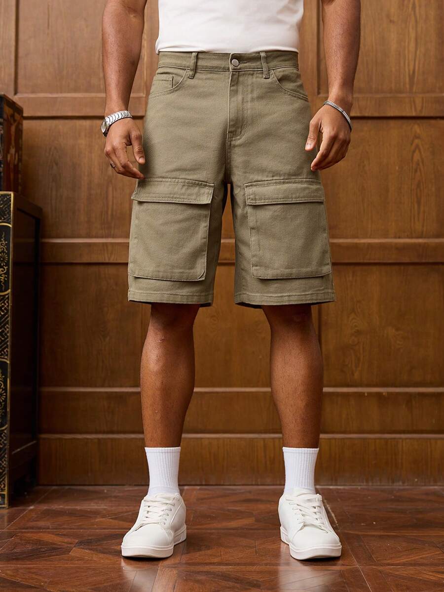 RivetRise Quần short denim ống rộng dáng rộng có túi hộp cho nam - xanh quân đội - Xem 1