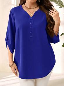 EMERY ROSE Women Plus Size Purple 3/4 Sleeve Shirt, Early Spring Fall - Royal Blue - View 6