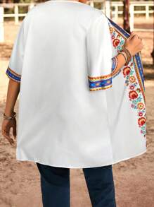EMERY ROSE Plus Size Floral Print Ruffle Trim Open Front Short Sleeve Vacation Jacket,Summer,Vacation