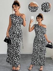 SHEIN Unity 大码女式夏季斜肩紧身印花连衣裙 - 黑與白 - 查看 1