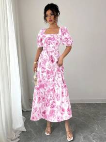 Elenzga Women's Elegant Floral Print Square Neck Puff Sleeve A-Line Long Dress, Suitable For Outing In Spring And Summer - Pink - View 4