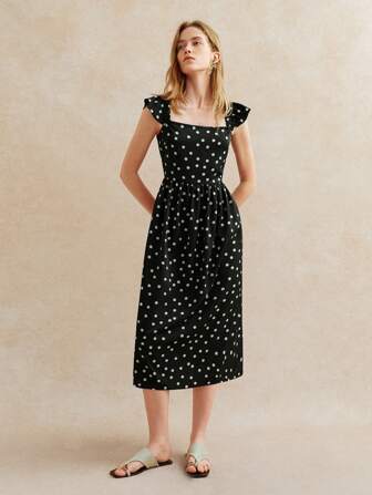 Écloséra 女士优雅简约波点短袖连衣裙，夏季