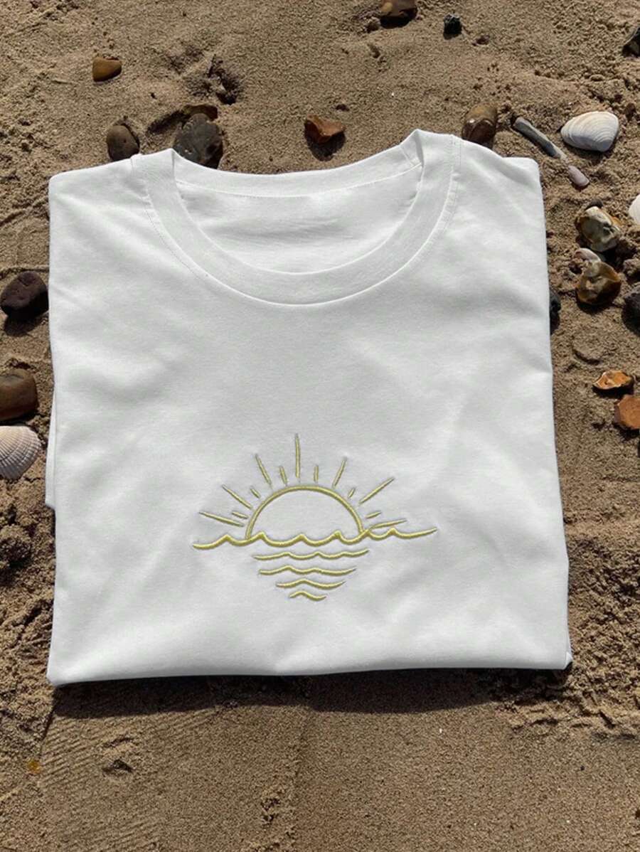 Áo thun trắng thêu họa tiết Sunshine tùy chỉnh, Mùa hè - trắng - Xem 1