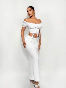 SHEIN Unity Summer Elegant Solid Color Drawstring Cropped Shirt - White - View 6