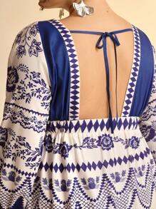 CAJUNI Vacation Casual Tropical Blue Floral Print Deep V-Neck Backless Tie-Up Lantern Sleeve Ruffle Hem Maxi Dress, Plus Size - Blue and White - View 7