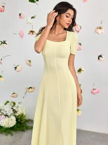Modelyn 女式方领高腰夏季短袖纹理中长连衣裙 - 黃色 - 查看 6