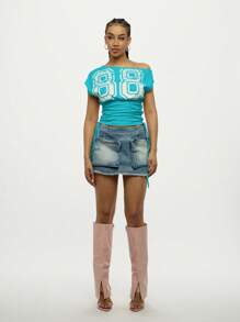 SUMWON WOMEN Off Shoulder Ruched Side Crop Top With Graphic Print Statement Summer Festival Beach Party Casual Tie Hem - Blue - View 3