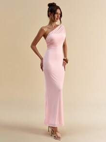 SHEIN BAE Summer Women's Solid Pink Spaghetti Strap Mermaid Dress, Suitable For Graduation Party, Wedding, Date, Banquet, Party, Girls' Gathering - Pink - View 4