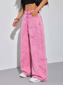SHEIN PETITE Women's Pink Jeans Heart Pattern Y2K Summer Wide Leg Pants Comfortable Elastic Waistband - Pink - View 6