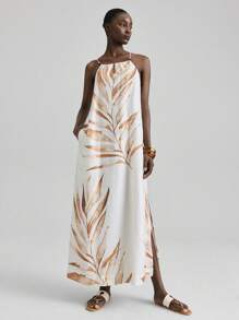 Ontre Women's Teacher Outfit, New Design 2025, Independence Day, Women's Airport Casual Wear, Holiday Style, Print Pattern, Spaghetti Strap Design, Beaded Design, Women's Maxi Dress, Oversized Fit, Side Slit, Straight Skirt, Summer Clothing, Daily Wear, Holiday Dress Palm Tree Dress Island Dress Flow Dress Silk Dresses Resort Wear