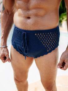 Manfinity Swimmode Quần lót dệt kim rỗng màu trơn cho nam đi biển và ngày lễ - Xanh đậm - Xem 3