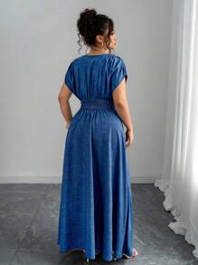 Elenzga Plus Size Boho Sky Blue Floral Embroidered Maxi Dress,Summer Elegant Vacation Deep V-Neck,Gathered Shoulder,Cinched Waist, Casual Party Dress - Blue - View 2