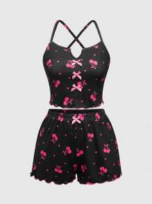 ROMWE 樱桃点交叉罩杯蝴蝶结吊带背心和短裤睡衣套装，休闲家居服 - 黑色 - 查看 5