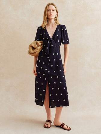 Écloséra V-Neck Short Sleeve Embroidered Waist Casual Dress For Women Work Summer Dresses