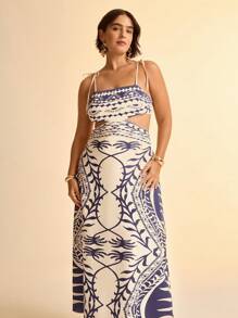 CAJUNI Women Plus Size Spaghetti Strap Hollow Vintage Floral Print Maxi Dress - Multicolor - View 1