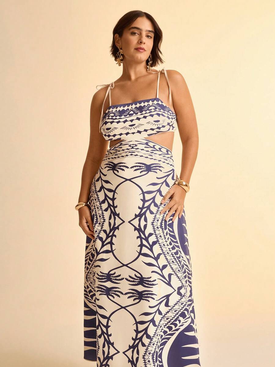 CAJUNI Women Plus Size Spaghetti Strap Hollow Vintage Floral Print Maxi Dress - Multicolor - View 1