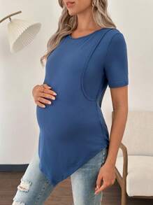 SHEIN Fashion Asymmetrical Round Neck Short Sleeve Nursing & Maternity Top T-Shirt - Navy Blue - View 3