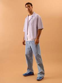 Musero Men Baggy Washed Jeans , Belt Detailing Button Fastening Ankle Split Deatil Summer Spring Vacation - Blue - View 1