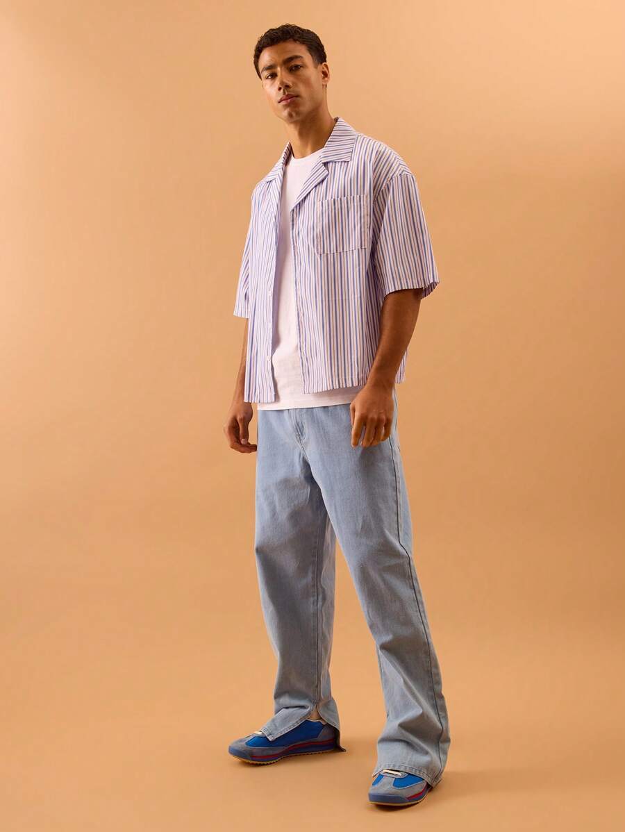 Musero Men Baggy Washed Jeans , Belt Detailing Button Fastening Ankle Split Deatil Summer Spring Vacation - Blue - View 1