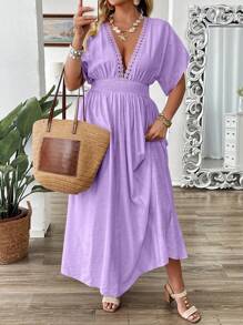 SHEIN Holidaya Plus Size Women Shirred Short Sleeve Embroidered Frill Trimmed Waisted A-Line Maxi Vacation Dress