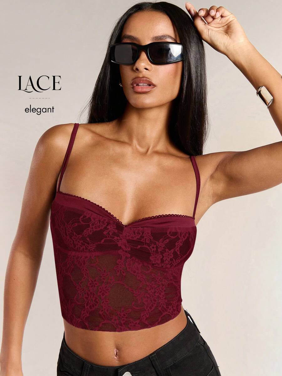 SHEIN BAE 白色和黑色对比色荷叶边短款细肩带上衣，百搭风格，适合日常穿着 - 酒紅色 - 查看 1