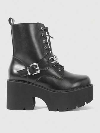 Grunge Punk Botas de tobillo de plataforma con cuña, estilo gótico para mujer, con suela gruesa, tacón ancho, decoración de cadena metálica punk y cremallera lateral