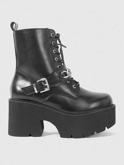 Grunge Punk بوت كاحل نسائية بنعل سميك و كعب غليظ بطراز غوثي أسود، مزخرفة بسلاسل معدنية بطراز بانك، بسحاب جانبي وكعب سهل