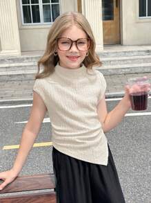 SHEIN Tween Girl Casual Textured Knit Fitted Mandarin Collar Short Sleeve T-Shirt With Gathered, Asymmetric Hem, Suitable For Spring/Summer, Back To School - White - View 5