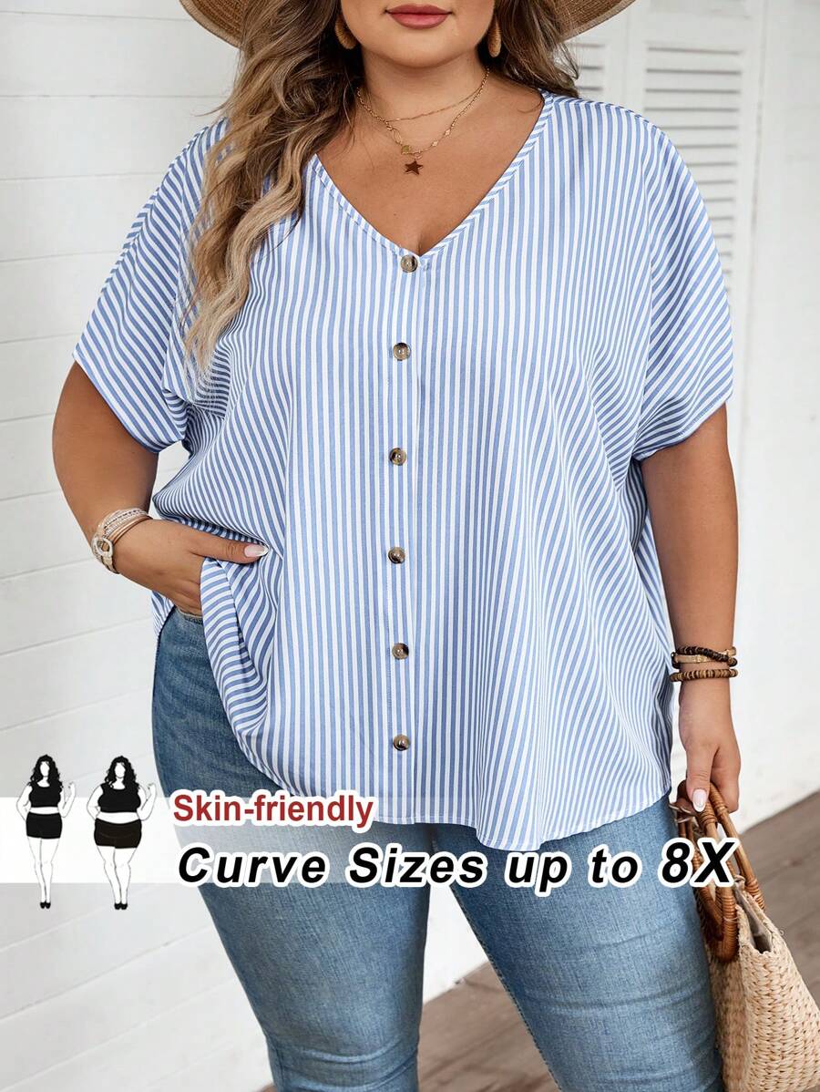 SHEIN CURVE+ Plus Size Striped Print V-Neck Front Button Casual Short Sleeve Shirt Summer/Country/Beach Vacation/Beach Wear - Blue and White - View 1
