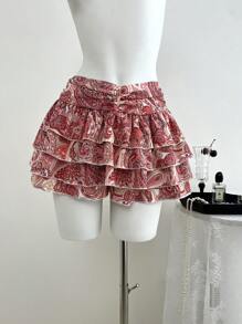 SHEIN Unity 女士夏季彩色印花性感低腰多层荷叶边短裤 - 粉色 - 查看 3