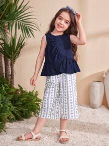 SHEIN Leap Crew Young Girl Woven Plain Round Neck Ruffle Trim Sleeveless Top And Loose Ditsy Floral Wide Leg Pants 2 Pieces Set - Royal Blue - View 1