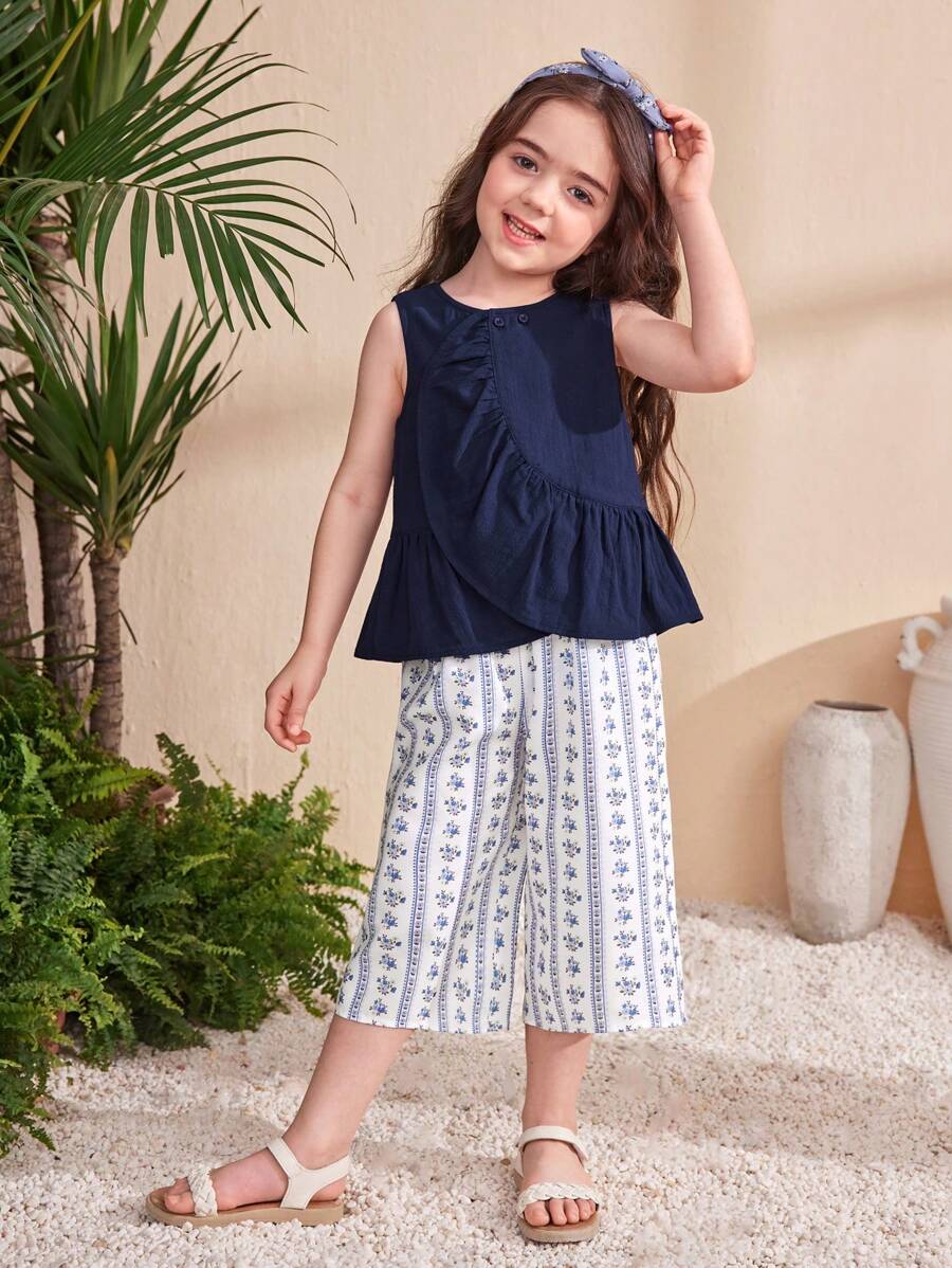 SHEIN Leap Crew Young Girl Woven Plain Round Neck Ruffle Trim Sleeveless Top And Loose Ditsy Floral Wide Leg Pants 2 Pieces Set - Royal Blue - View 1
