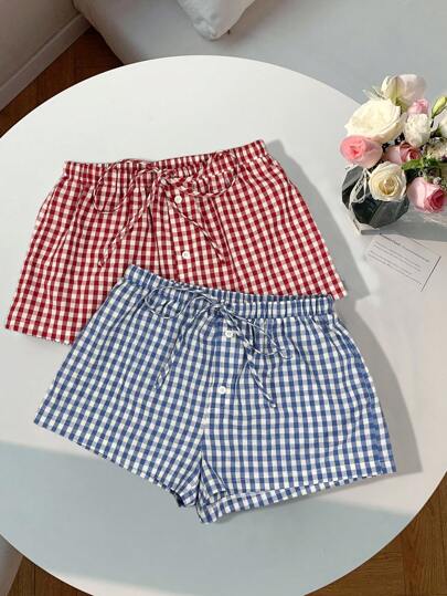 Comfortcana 2pcs Women Casual Button Tie Shorts Set, Suitable For Summer, Plaid Fabric, Suitable For Afternoon Tea,Springbreak,Coconutgirl,Girl Trip,Music Festival