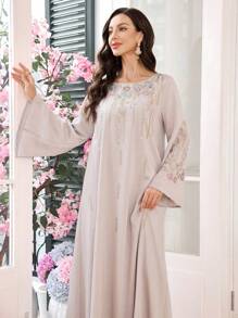 Al Najma Women's Embroidered Flare Sleeve Round Neck Elegant Robe Kaftan Jalabiya Dress - Light Grey - View 6