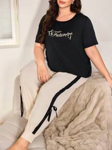 SHEIN Plus Size Color-Block Print Short Sleeve Top & Long Pants Pajamas Set With Bow Decoration, Form-Fitting, Outfits - Black - View 1