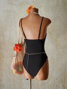 SHEIN ICON Traje de baño de una pieza negro sexy para salir de mujer, estilo hawaiano de playa de verano - Negro - Ver 2