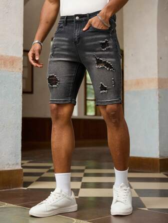 RivetRise Men's Casual Versatile Distressed Denim Shorts With Pockets Hang Out Going Out Hiking Vacation Street