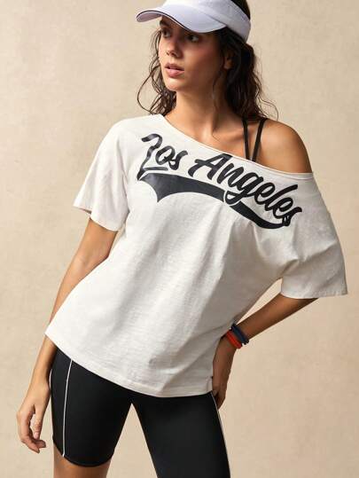 VARSIVA 女式健身上衣徒步服字母印花不对称领口短袖运动服T恤健身女式上衣