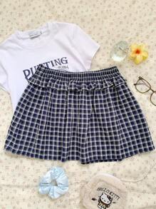 SHEIN EZwear 格子图案弹力腰带女士休闲荷叶边A字裙，夏季女装，适合音乐会等场合 - 藏蓝色 - 查看 1
