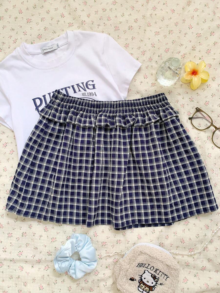 SHEIN EZwear 格子图案弹力腰带女士休闲荷叶边A字裙，夏季女装，适合音乐会等场合 - 藏蓝色 - 查看 1