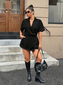 SHEIN ICON 夏季大码纯色交叉裹身短袖休闲牛仔夹克 - 黑色 - 查看 7