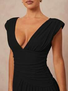 Lumalex Women's Solid Color Deep V-Neck Ruched Dress, Elegant - Black - View 3