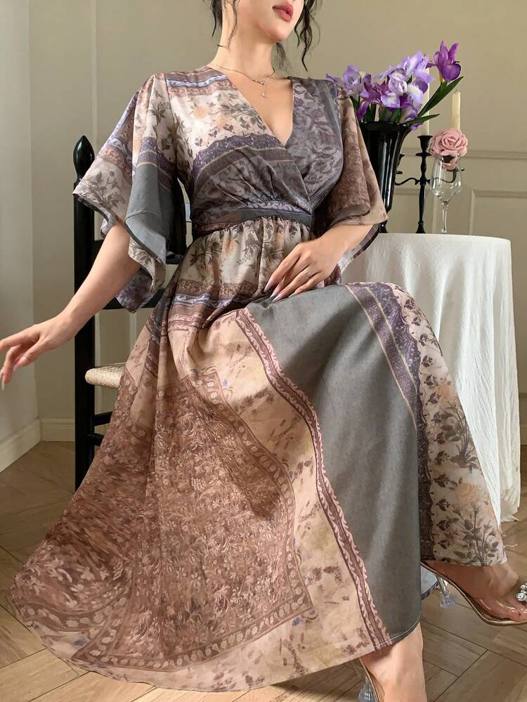 Women's Boho Style Elastic Waist Dress With Full Prints, Elegant For Summer